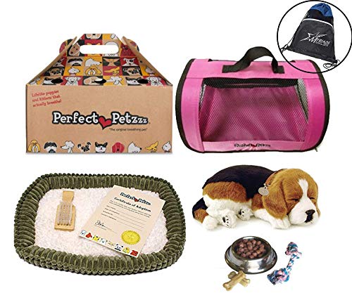 Perfect Petzzz Beagle Plush Dog with Pink Tote, Toy Dog Food, Treats, Chew Toy with Drawstring Bag