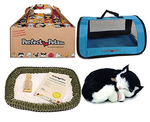 Perfect Petzzz Black and White Shorthair Kitten Plush with Blue Tote for Plush Breathing Pet
