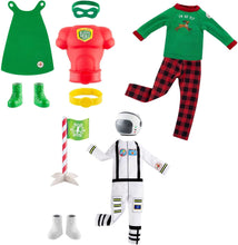 Load image into Gallery viewer, The Elf on the Shelf Claus Couture Set of 3: Mighty Superhero, I&#39;m So Fly PJs, and Clausmonaut ELF NOT INCLUDED