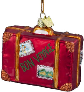 Kurt Adler World Traveler Set of 2 Glass Ornaments: 4" Passport and 3.5" Bon Voyage Suitcase
