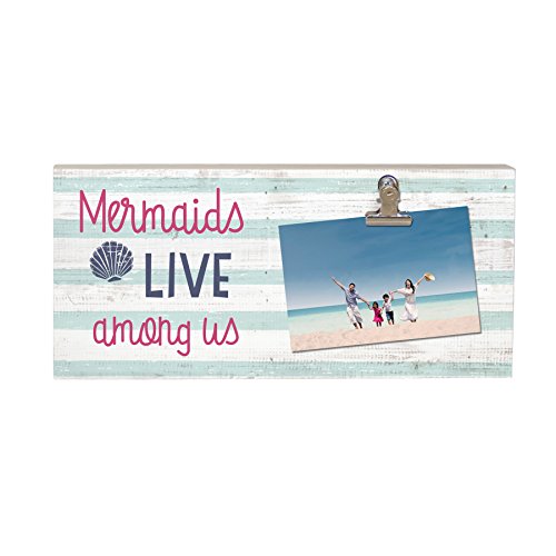 Sincere Surroundings Solid Wood Sign with Photo Clip - Mermaids Live Among Us, Teal & White Stripes