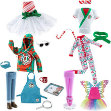 Load image into Gallery viewer, The Elf on the Shelf Claus Couture Set 6: Candy Cane Dress, Karate Kicks, Groovy Greetings Hoodie, Wonderland Onesie, Cocoa to Go, Rainbow Snow Pixie