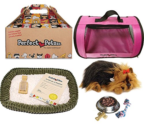 Yorkie Authentic Breathing Petzzz by Perfect Petzzz with Pink Tote For Plush Breathing Pet and Dog Food, Treats, and Chew Toy