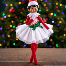 Load image into Gallery viewer, The Elf on the Shelf Claus Couture Set 6: Candy Cane Dress, Karate Kicks, Groovy Greetings Hoodie, Wonderland Onesie, Cocoa to Go, Rainbow Snow Pixie