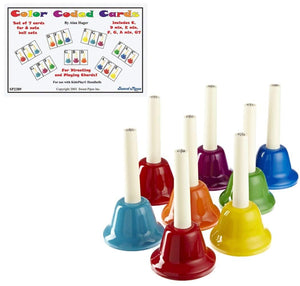Rhythm Band 8 Note Metal Hand Bells - Set of 8 with 7 Chords/8 Note Handbell Cards