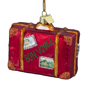 Kurt Adler Hand-Crafted Glass Christmas Ornaments, Set of 2 Travel: Post Sign & Suitcase