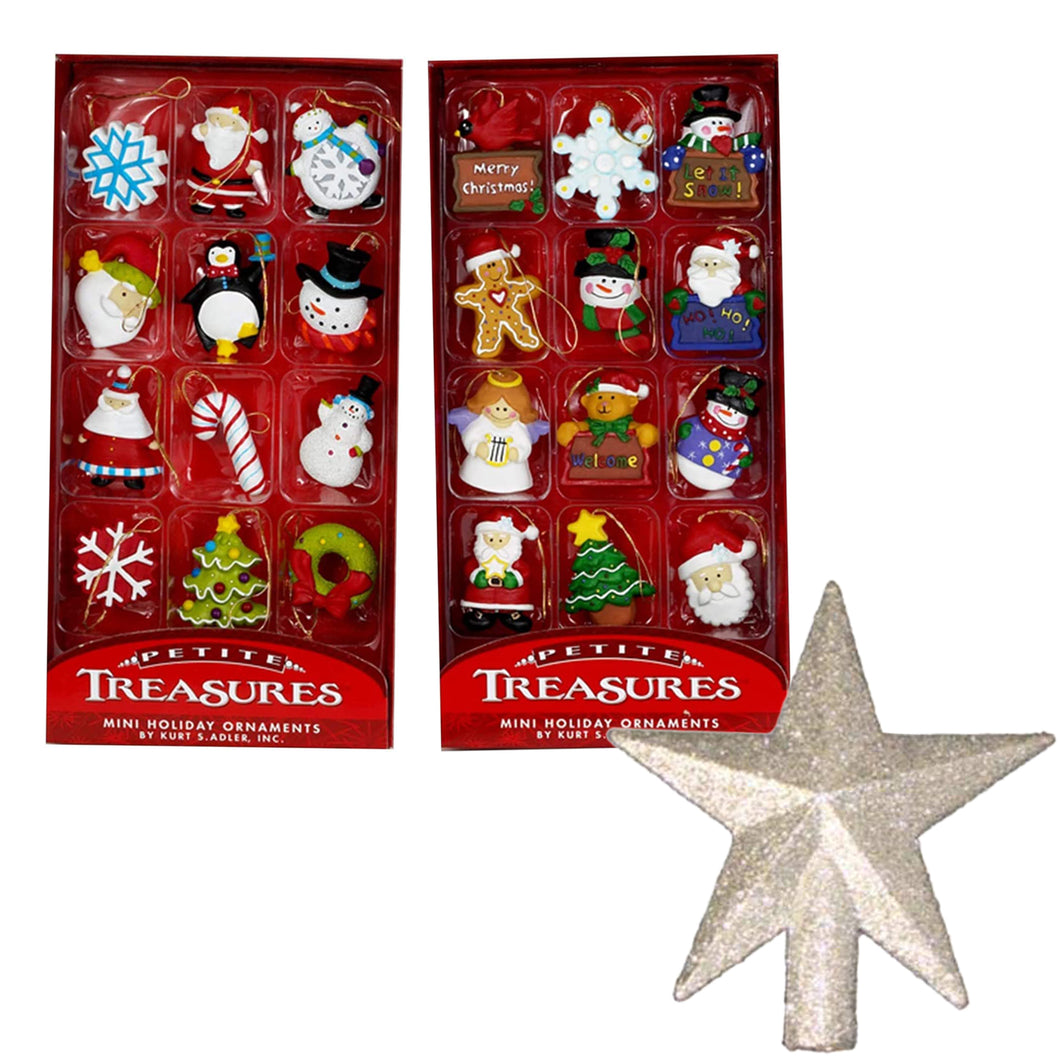 Kurt Adler Mini Christmas Tree Decoration Set: 24-Piece Petite Treasure Ornaments with Hangers and Silver Tree Topper