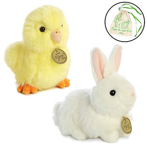 Aurora World Miyoni Easter Set 7" Angora White Bunny, Yellow Chick & Drawstring Bag