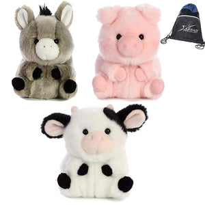 Aurora 5" Plush Rolly Pets Farmyard Plushie 3 Pack: Prankster Pig, Daisy Cow, and Bray Donkey, with Drawstring Bag