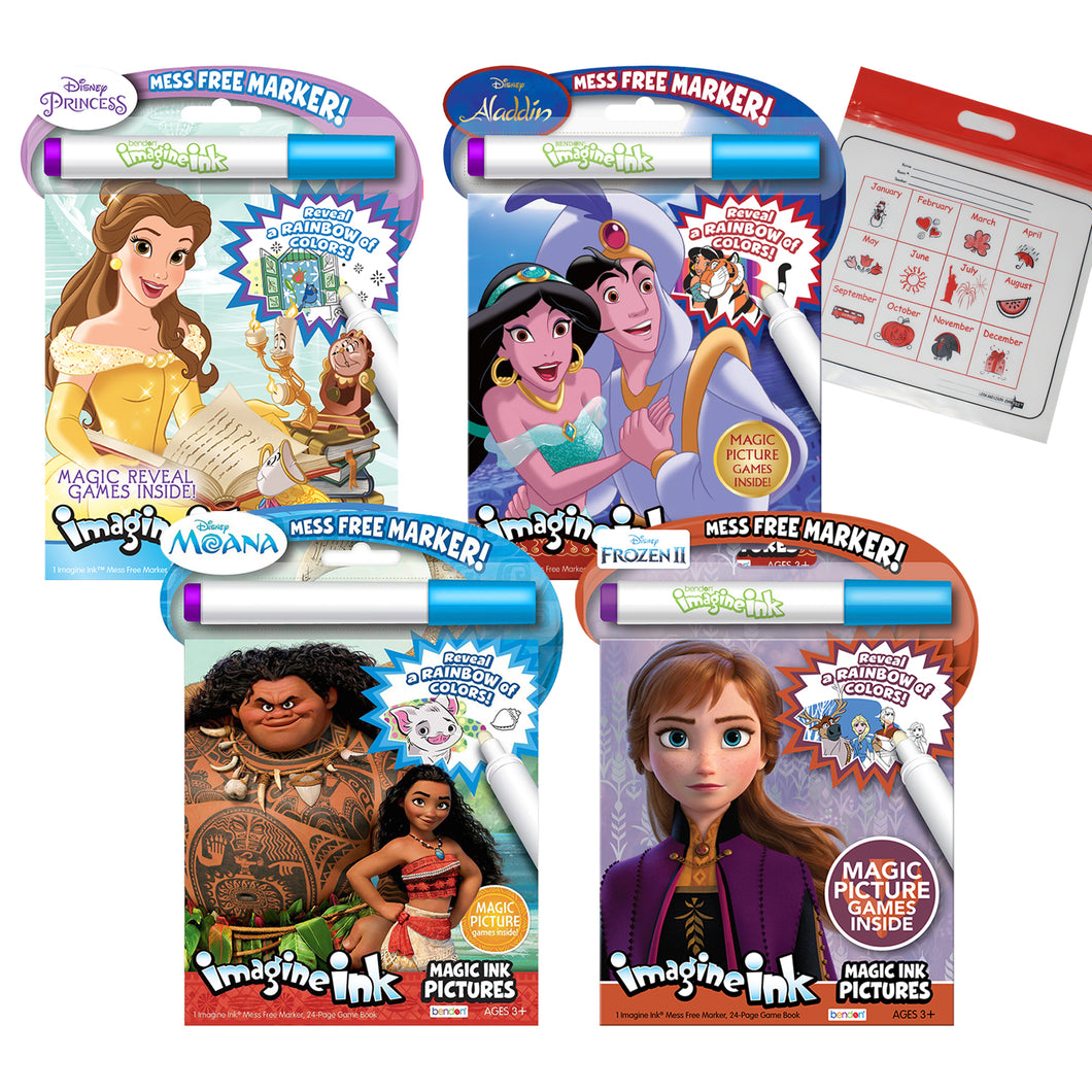 Bendon Disney Magic Ink Mess-Free Marker and Game Book, Set of 4 with Calendar Bag