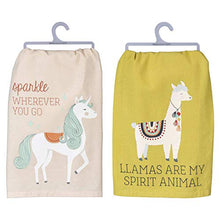 Load image into Gallery viewer, Primitives by Kathy 2 Kitchen Towels Llamas Are My Spirit Animal and Sparkle Wherever You Go Unicorn