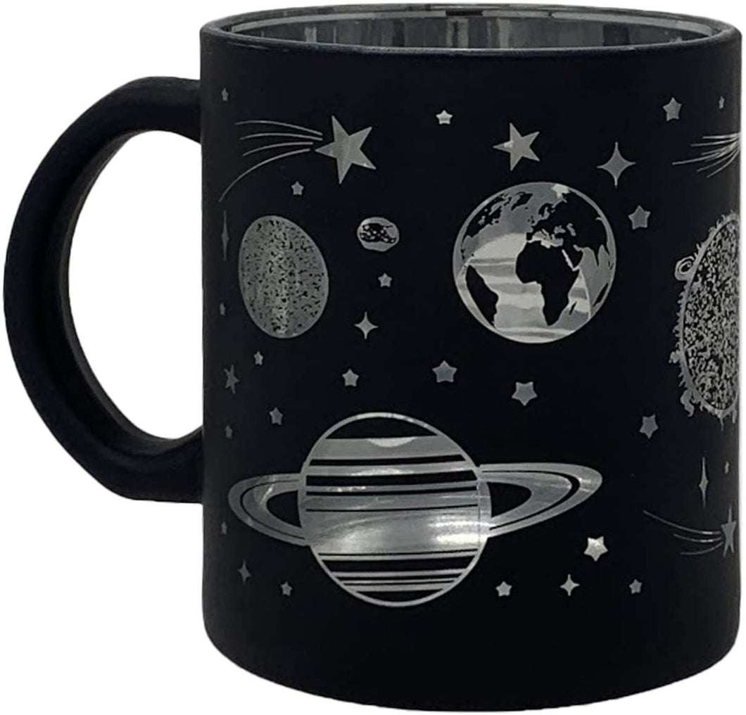 Glass Coffee Mug, 16oz: Frosted Black with Solar System Design