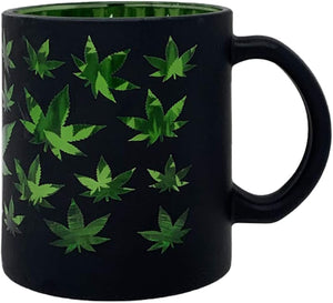 Glass Coffee Mug, 16oz: Frosted Black with Green Leaf