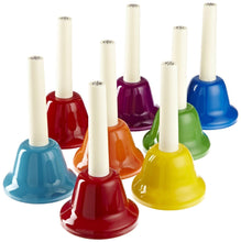 Load image into Gallery viewer, Rhythm Band 8 Note Metal Hand Bells - Set of 8 with 7 Chords/8 Note Handbell Cards
