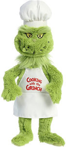 Aurora Dr. Seuss Plush Set of 3: 12" Cindy Lou Who, 14" Chef Cat in the Hat, 14" Chef Grinch, Green with Myriads Drawstring Bag