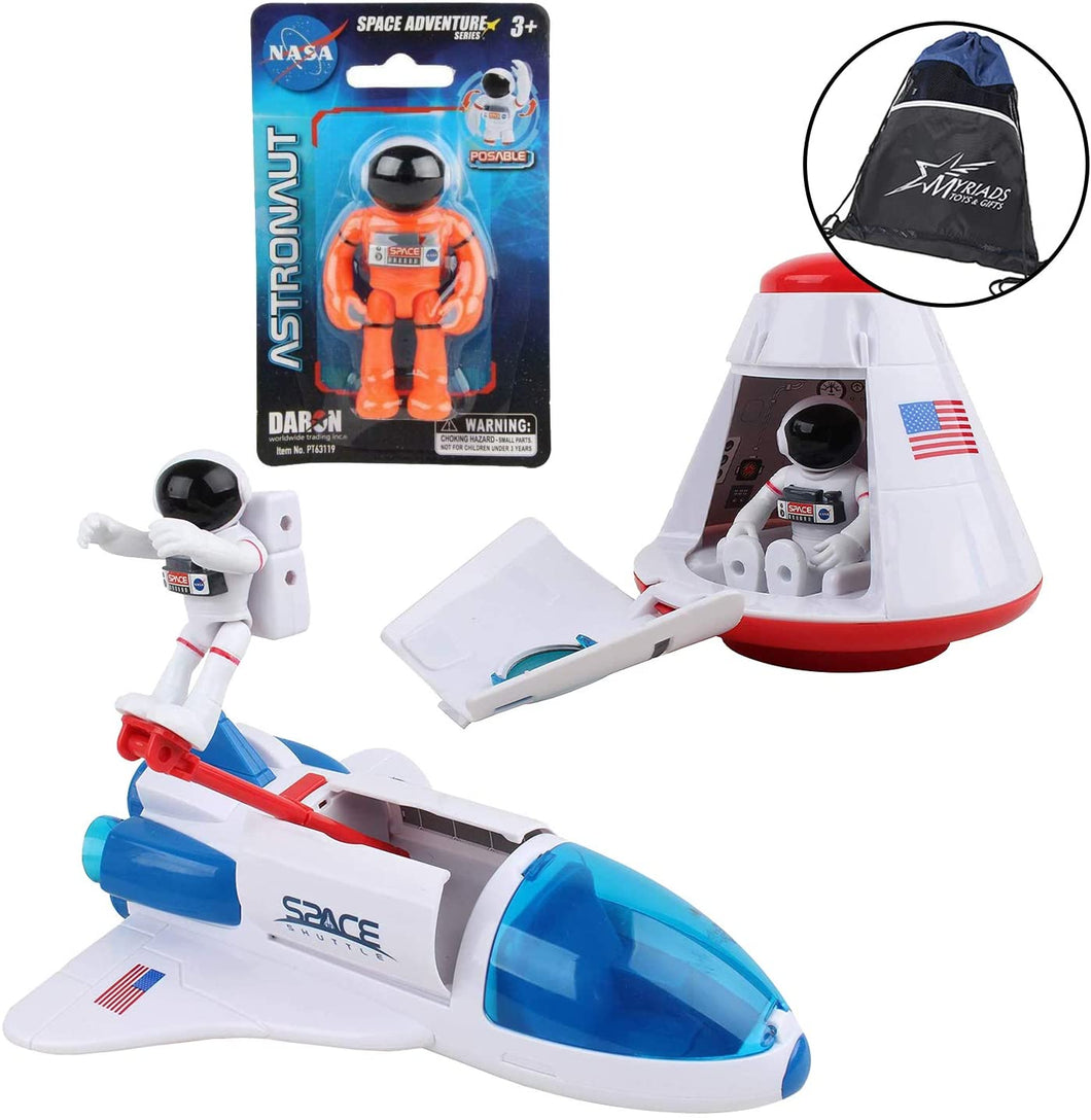 Daron NASA Space Adventure Toy Set: Space Shuttle, Space Capsule, 3 Astronauts, and Myriads Bag