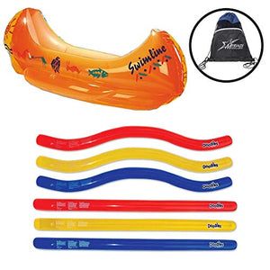 Swimline Inflatable Pool Toy Set: 48" Canoe and 72" Pool Doodle 6 Pack, with Drawstring Storage Bag