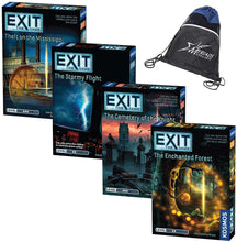 Load image into Gallery viewer, EXIT: The Game Beginner Set of 4: Theft on The Mississippi, The Stormy Flight, The Cemetery of The Knight, and The Enchanted Forest with Myriads Drawstring Bag