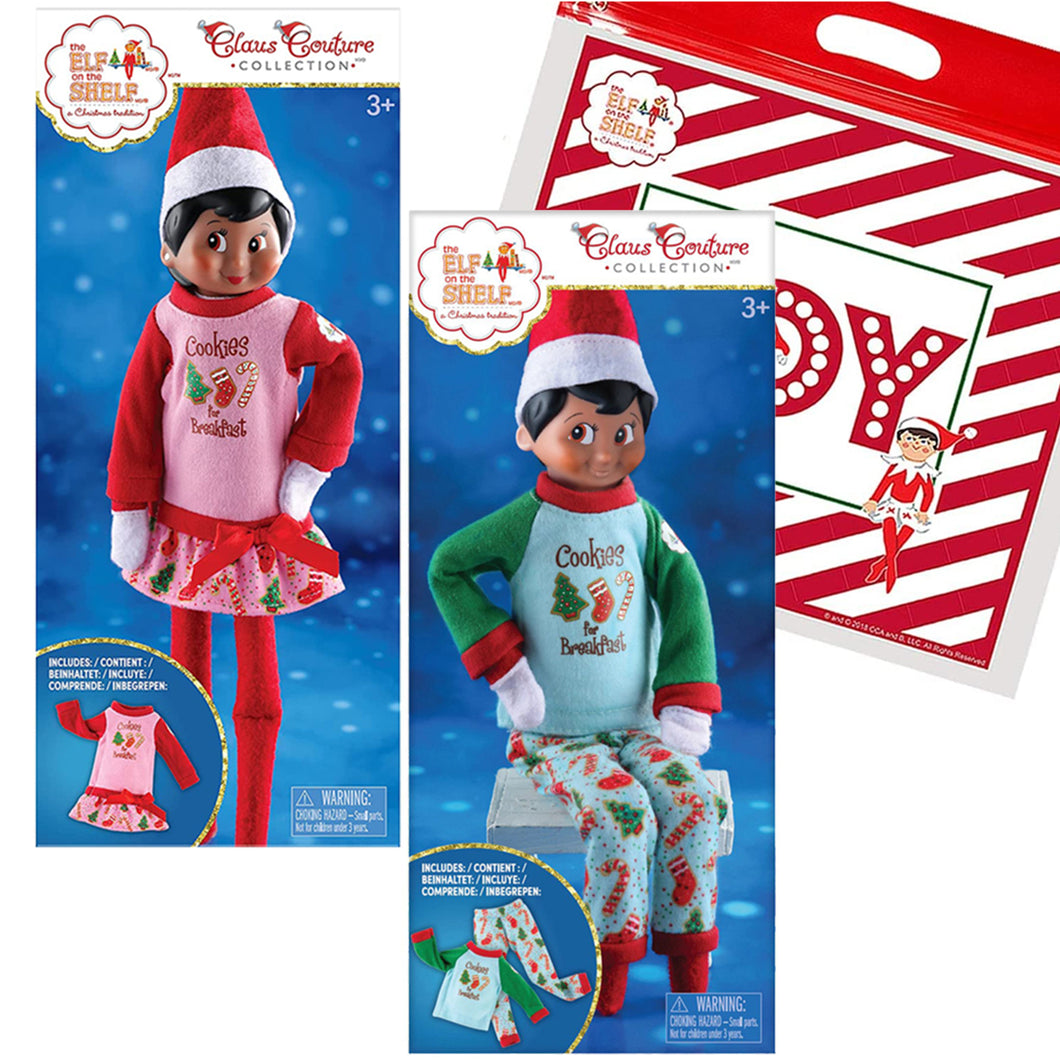 The Elf on the Shelf Claus Couture Cookies for Breakfast Set of 2: Yummy Cookie Nightgown and Yummy Cookie PJs, with Joy Travel Bag