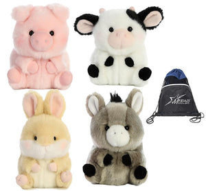 Aurora Rolly Pets Set of 4: Bray Donkey, Daisy Cow, Lively Bunny, and Prankster Pig with Bonus Bag