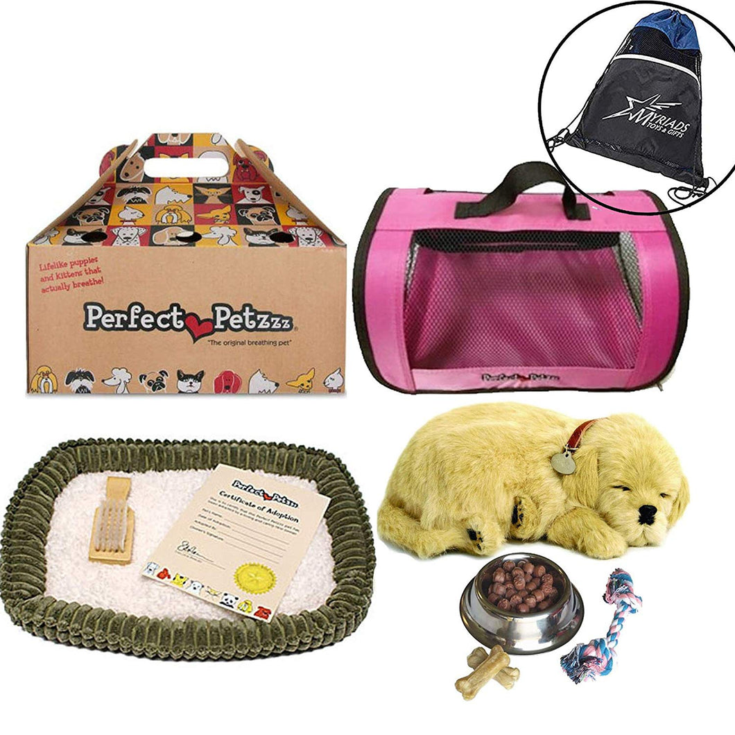 Perfect Petzzz Golden Retriever Plush with Pink Tote For Plush Breathing Pet, Dog Food, Treats, Chew Toy and Drawstring Bag
