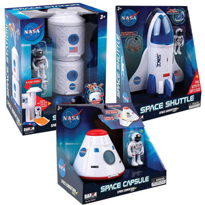 Daron Space Adventure Series Set of 3: NASA Space Capsule, Space Shuttle, and Space Station with Bag