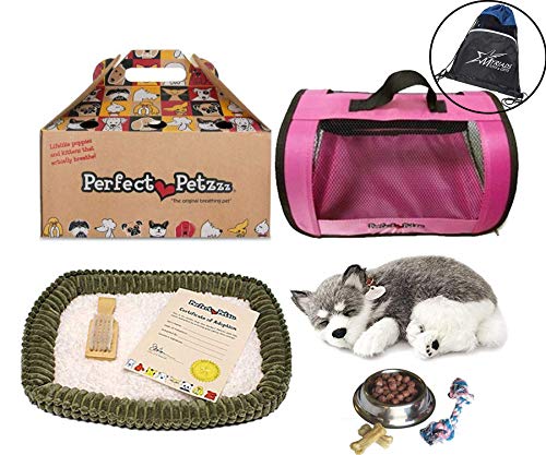 Perfect Petzzz Husky Breathing Pet, Pink Tote, Dog Food, Treats, Chew Toy & Myriads Drawstring Bag