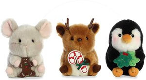 Aurora Plush 5" Christmas Holiday Rolly Pets 3 Pack: Reindeer, Penguin, and Mouse