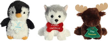 Load image into Gallery viewer, Aurora Christmas Holiday Bits 5&quot; Plushie 3 Pack: Penguin, Moose, and Arctic Pup