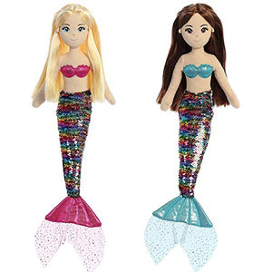 Aurora 18" Sequin Sea Sparkles Plush Mermaids, Set of 2: Isla and Miya, with Drawstring Bag