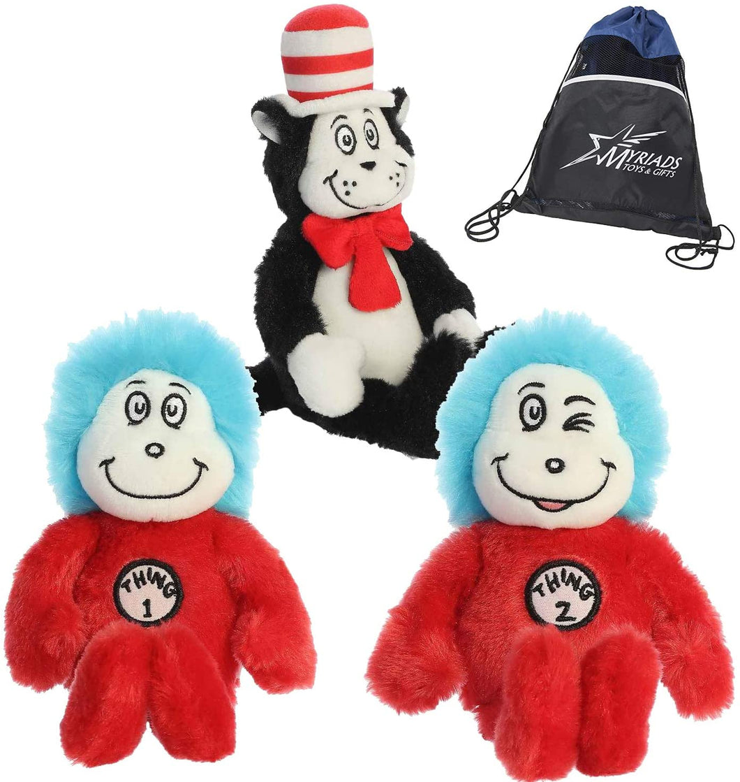 Aurora Dr. Seuss Plush Set of 3: Cat in The Hat 8 Inch, Thing 1, Thing 2 7 Inch, Myriads Drawstring Bag