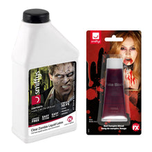 Load image into Gallery viewer, Smiffys Make-Up FX Zombie Set of 2: Fake Blood 3.3 oz., Red, and Liquid Ammonia-Free Latex 16 oz., Clear
