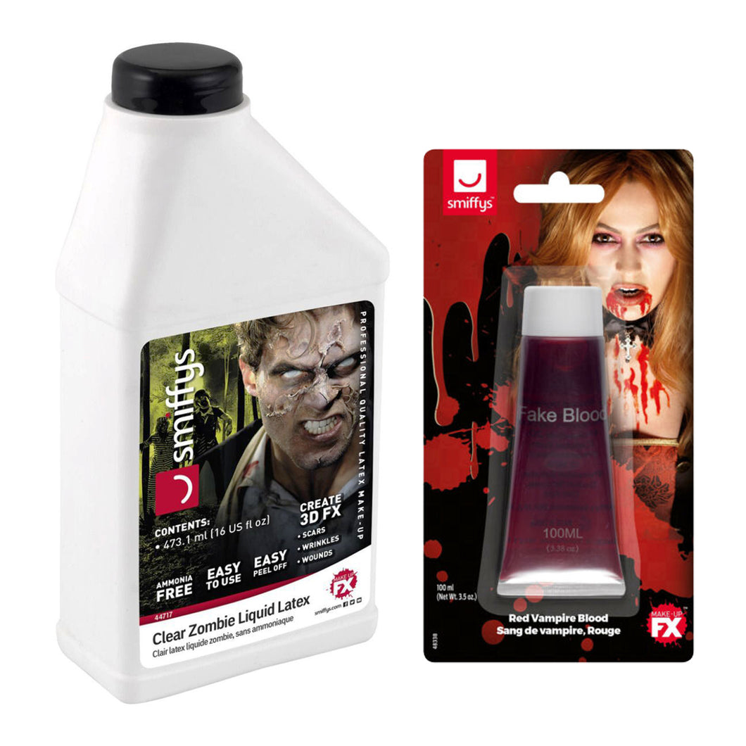 Smiffys Make-Up FX Zombie Set of 2: Fake Blood 3.3 oz., Red, and Liquid Ammonia-Free Latex 16 oz., Clear