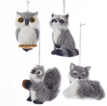Load image into Gallery viewer, Kurt Adler 3&quot; Plush Grey Animal Christmas Tree Ornaments Set of 4: Owl, Squirrel, Raccoon and Fox
