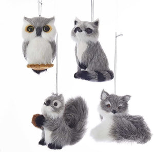 Kurt Adler 3" Plush Grey Animal Christmas Tree Ornaments Set of 4: Owl, Squirrel, Raccoon and Fox