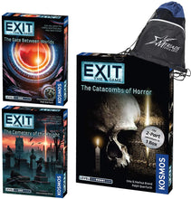 Load image into Gallery viewer, Thames &amp; Kosmos Exit: The Game Set of 3: The Catacombs of Horror, The Cemetery of The Knight, and The Gate Between Worlds with Myriads Drawstring Bag