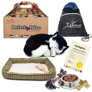 Perfect Petzzz Plush Black & White Breathing Cat Pet, Food, Treats, Chew Toy & Drawstring Bag