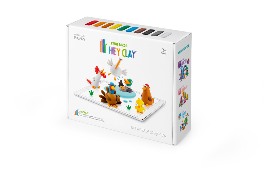 Hey Clay Farm Birds - Colorful Kids Modeling Air-Dry Clay, 18 Cans with Fun Interactive App