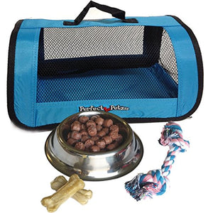 Perfect Petzzz Blue Tote For Plush Breathing Pets with Dog Food, Treats, and Chew Toy