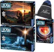 Load image into Gallery viewer, EXIT: The Game Set of 3: The Sacred Temple, The Deserted Lighthouse, The Gate Between Worlds with Myriads Drawstring Bag