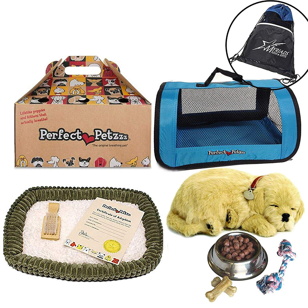 Perfect Petzzz Golden Retriever Plush with Blue Tote For Plush Breathing Pet and Dog Food, Treats, Chew Toy and Drawstring Bag