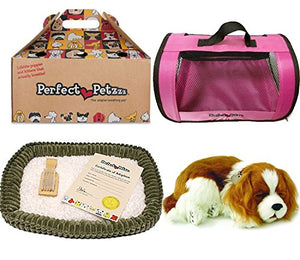 Perfect Petzzz Breathing Cavalier King Charles Plush Puppy Dog, Pink Tote For Plush Breathing Pet