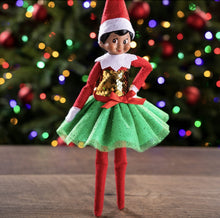 Load image into Gallery viewer, The Elf on the Shelf Claus Couture Set of 5: I&#39;m So Fly PJs, Holly Days Dress, Clausmonaut, Mighty Superhero, and Glitzy Gala Gown