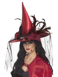 Smiffys Witch Hat, Deep Red with Feathers