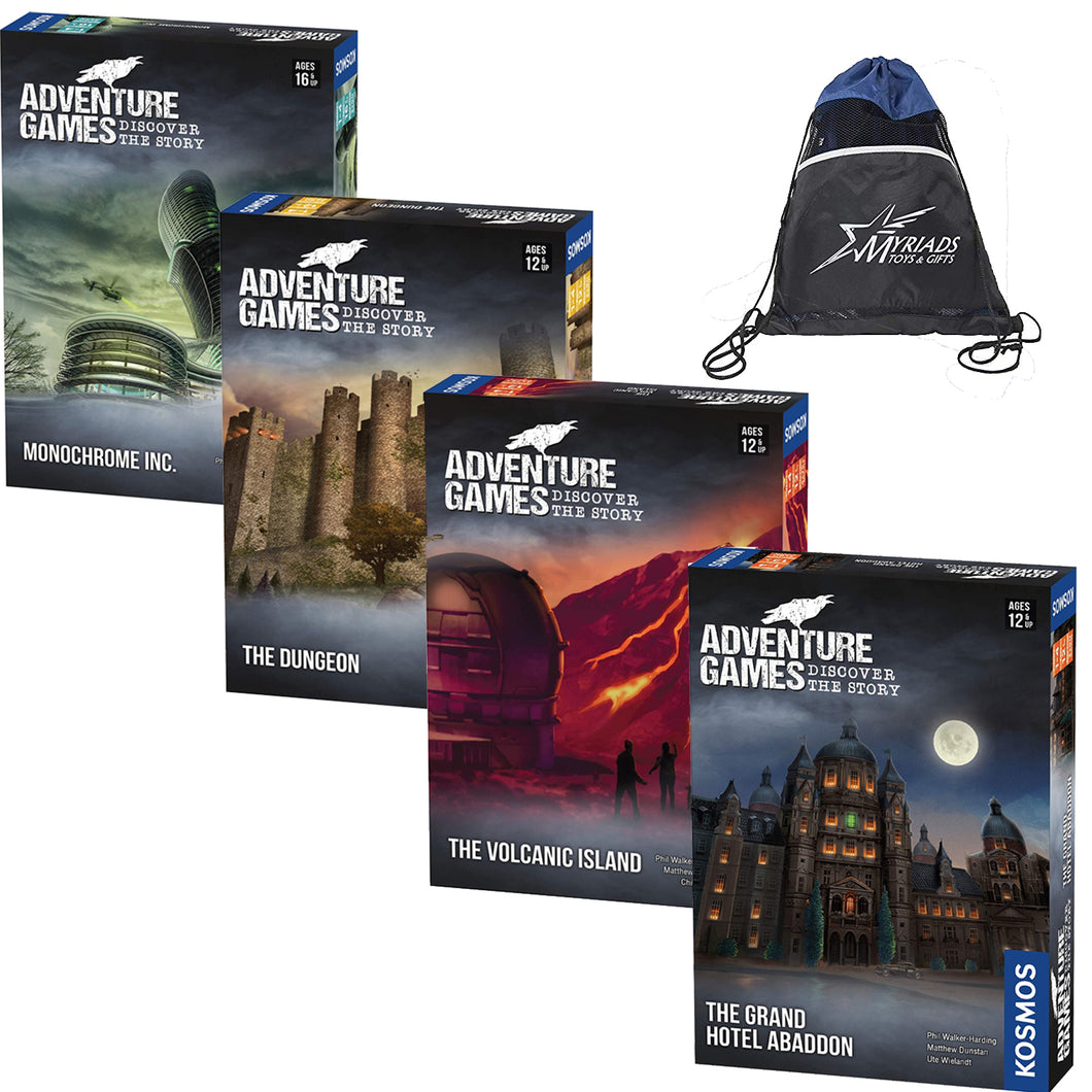 Thames & Kosmos Adventure Games Set of 4: The Dungeon, Monochrome Inc., The Volcanic Island, and The Grand Hotel Abaddon, with Myriads Drawstring Bag