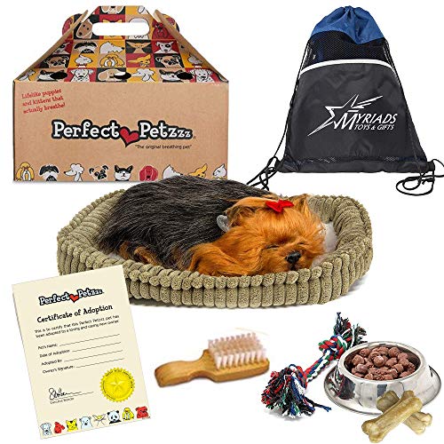 Perfect Petzzz Plush Yorkie Breathing Dog with Dog Food, Treats, Chew Toy & Myriads Drawstring Bag