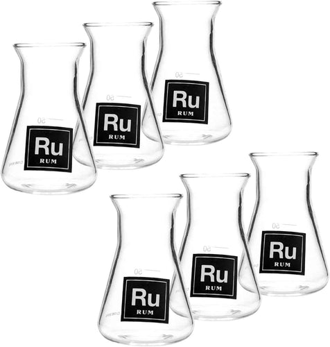 Drink Periodically Set of 6 Laboratory Erlenmeyer Flask Shot Glasses, Clear Glass-Rum-2.75oz each