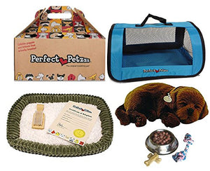 Perfect Petzzz Chocolate Lab Plush with Blue Tote For Plush Breathing Pet and Dog Food, Treats, and Chew Toy