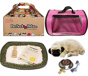 Perfect Petzzz Huggable Pug Puppy with Pink Tote For Plush Breathing Pet and Dog Food, Treats, and Chew Toy