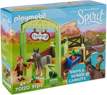 Load image into Gallery viewer, PLAYMOBIL Spirit Riding Free Snips &amp; Señor Carrots with Horse Stall